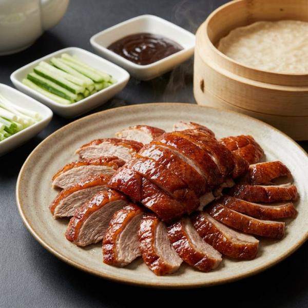 Peking duck with pancakes and condiments
